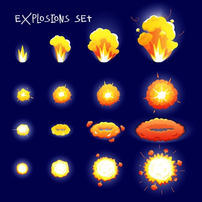 Cartoon set with explosion effects of different size and shape for flash animation isolated on dark blue background vector illustration