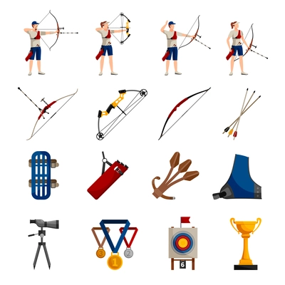 Flat design icons set with archery players different types of bows necessary equipment and rewards isolated on white background vector illustration