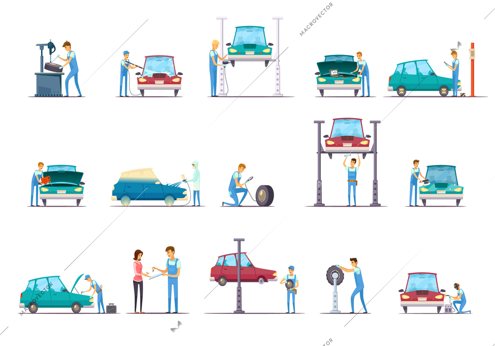 Car repair garage service retro cartoon icons collection with vehicle lift and auto mechanic isolated vector illustration