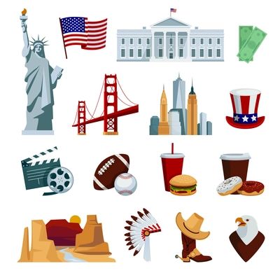 Usa flat icons set with american national symbols and attractions isolated on white background vector illustration