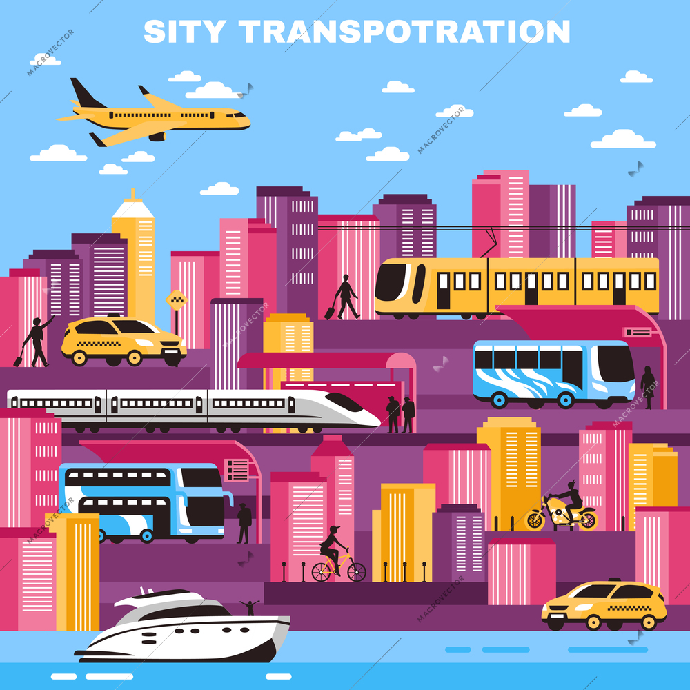 City background with skyscrapers and urban transport so as yellow cabs tram water transportation flat vector illustration