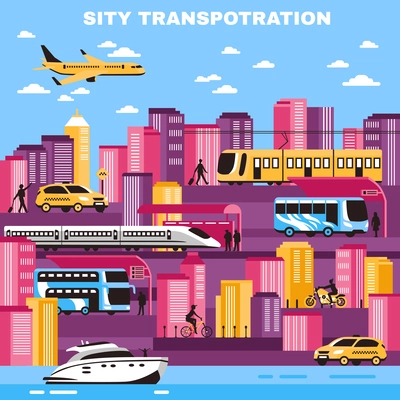 City background with skyscrapers and urban transport so as yellow cabs tram water transportation flat vector illustration