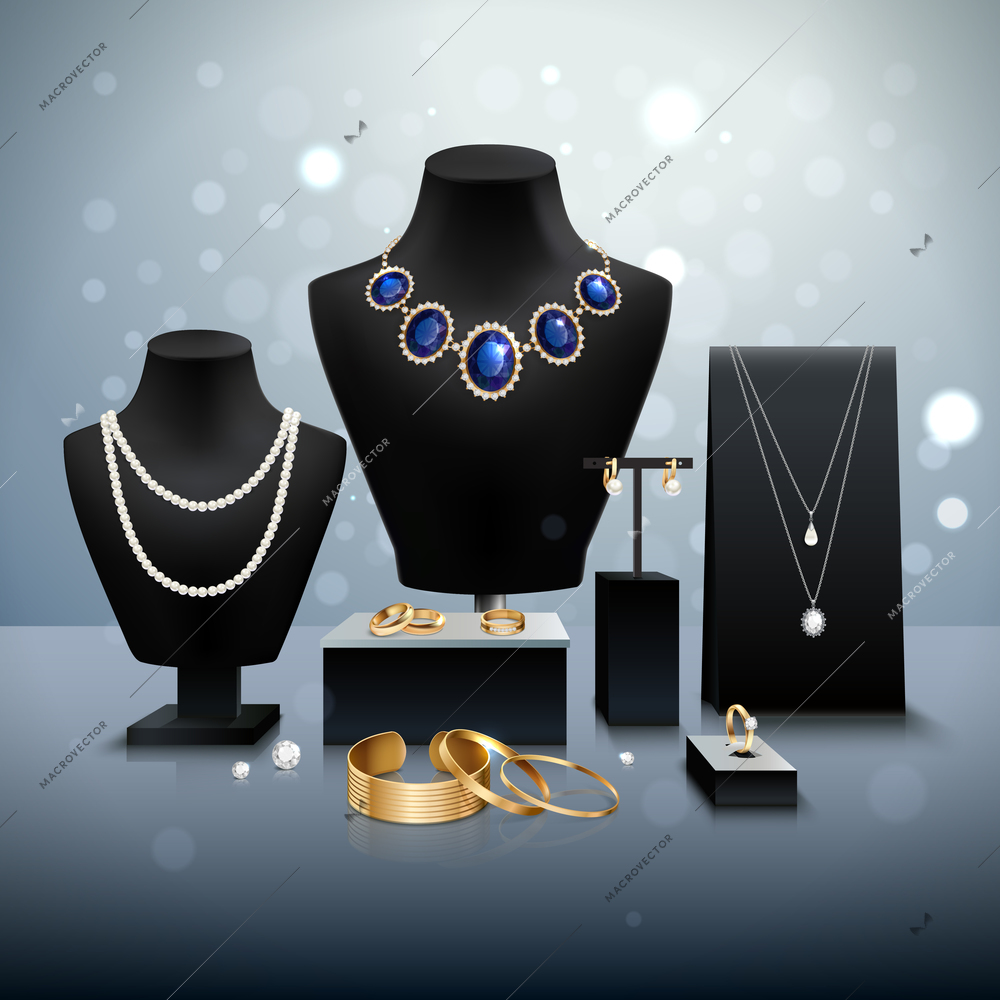 Realistic gold and silver jewelry display on black mannequins and stands on grey surface and background with bokeh vector illustration