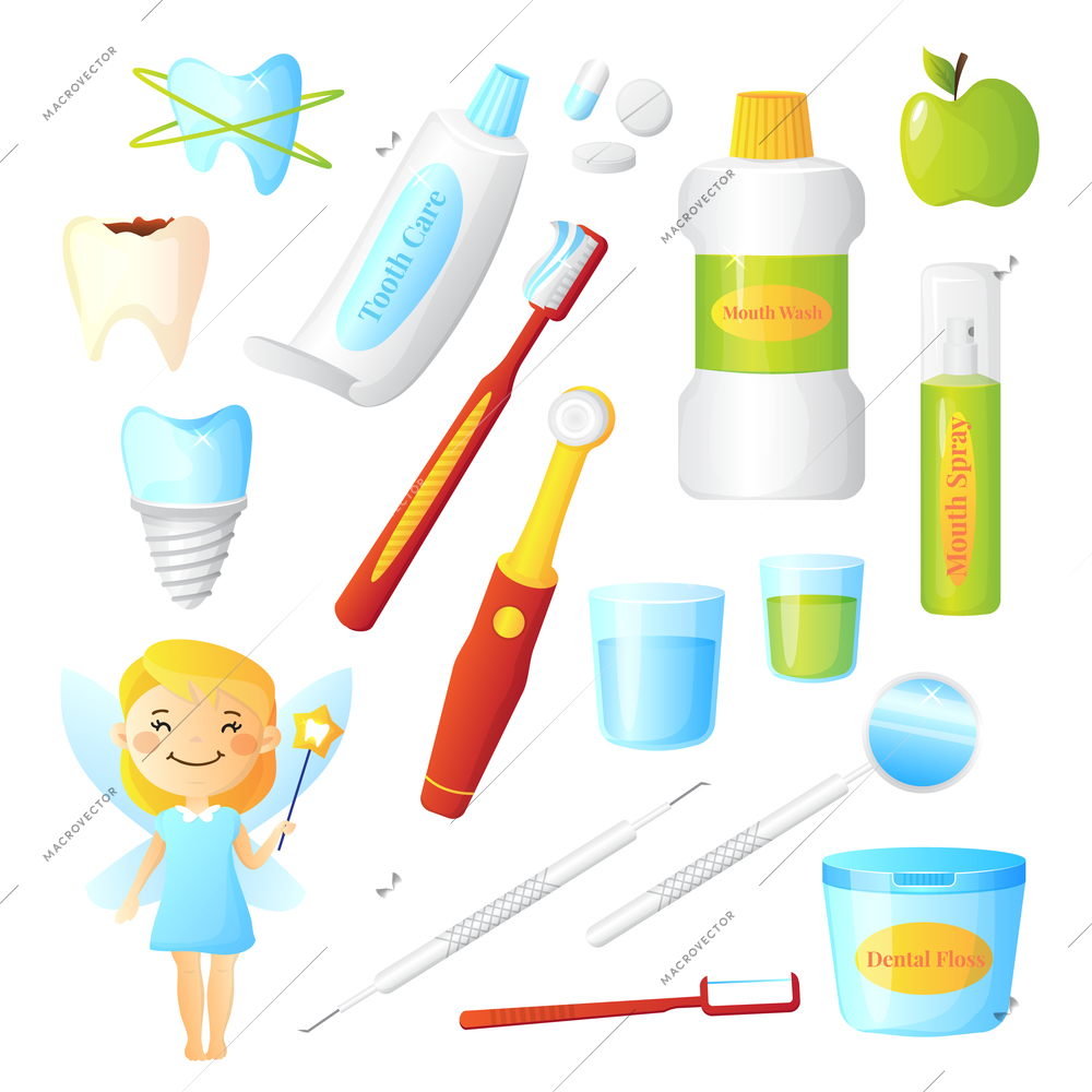 Flat dentist set for dental care hygiene and healthy teeth with tooth fairy and equipment isolated on white background vector illustration