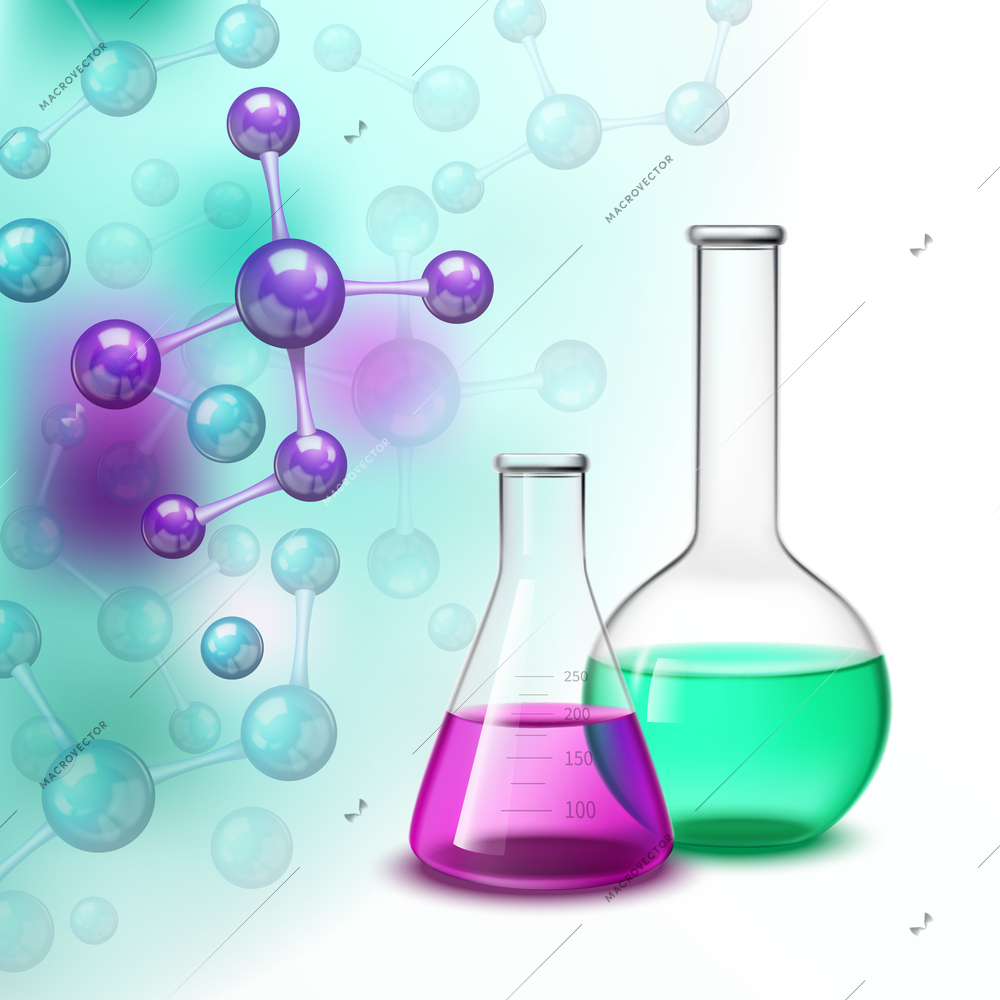 Laboratory composition with molecules chemical vessel bottles flat vector illustration
