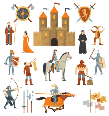 Medieval isolated decorative icons set of knightly castle crusader flags emblems knights on horseback with ancient weapon flat vector illustration