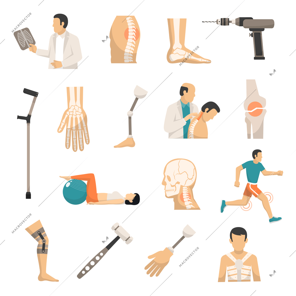 Orthopedics and prosthetics medicine isolated icons with bones of vertebral column arm and foot prosthesis and medical hammer and drill vector illustration