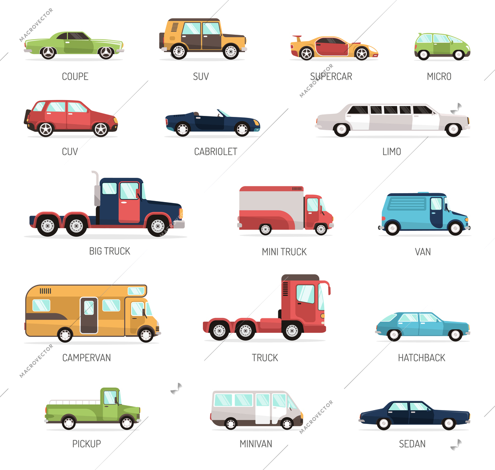 Colorful flat collection of different modern car models in side view with pickup minivan sedan and truck isolated vector illustration