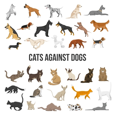 Colored icons set of different breeds of dogs and cats on white background isolated vector illustration