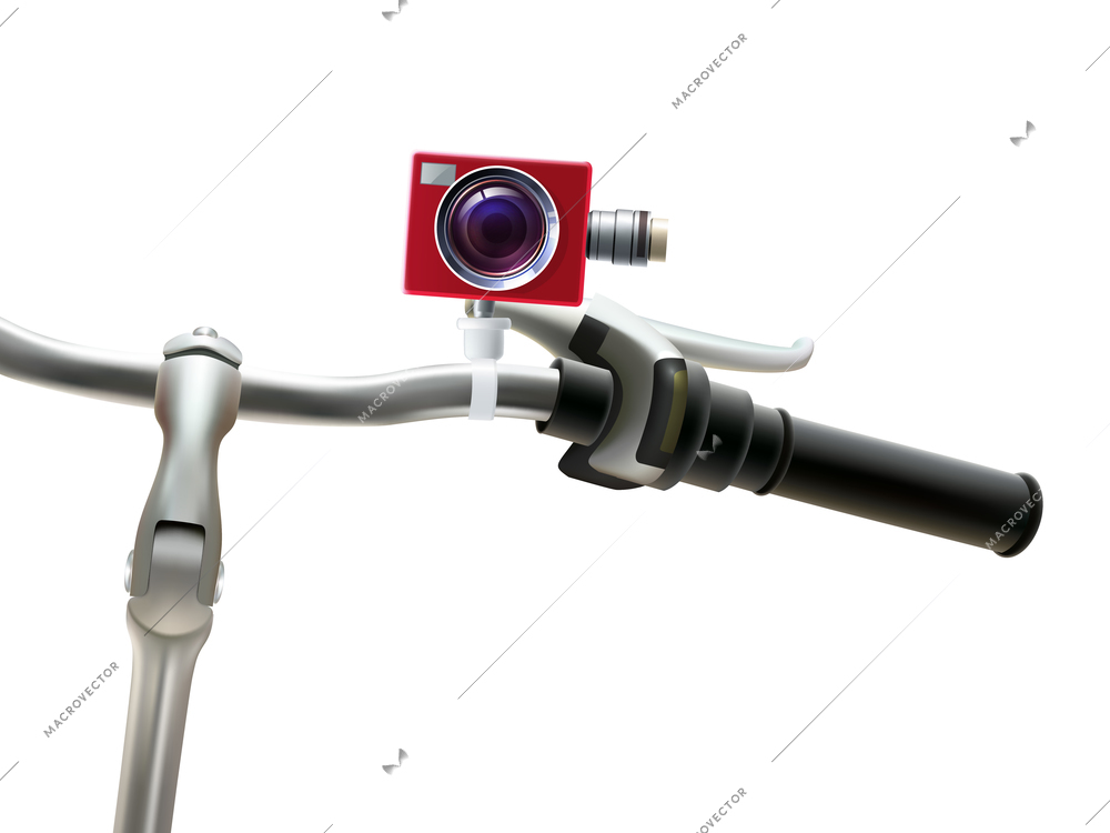 Handlebar red motion video camera and bike realistic vector illustration