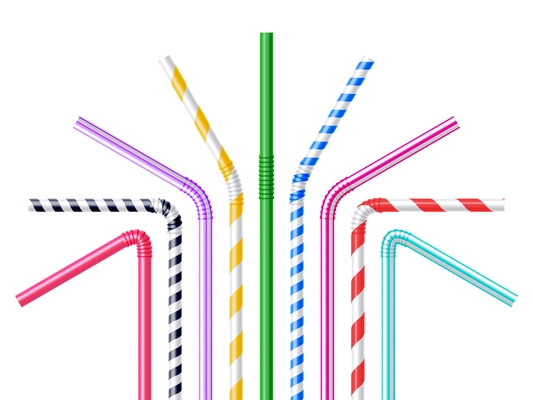 Drinking plastic straws in different colors with stripes realistic vector illustration