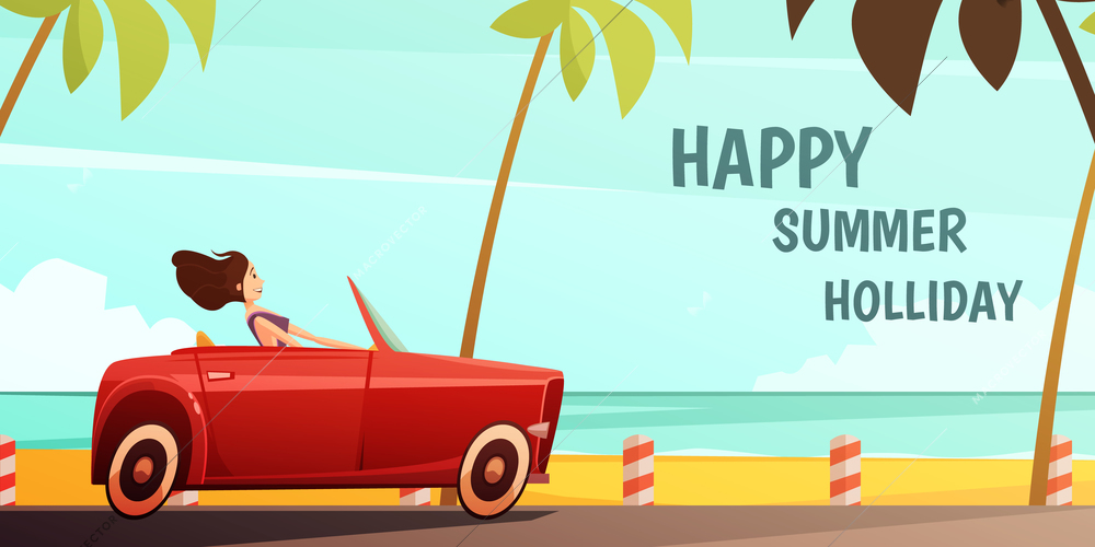 Summer holiday tropical island vacation vintage poster with girl driving retro red cabrio automobile cartoon vector illustration