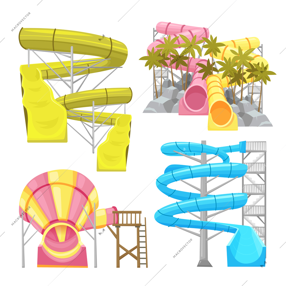 Images set of aquapark equipments colorful water slides and tubes flat isolated vector illustration