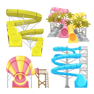 Images set of aquapark equipments colorful water slides and tubes flat isolated vector illustration