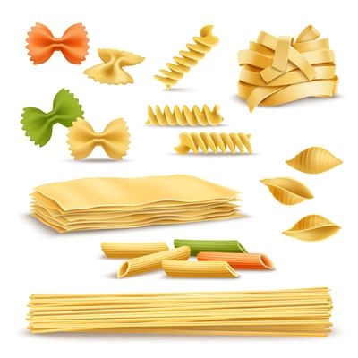 Dry pasta types assortment of spaghetti shells colored butterflies and fusilli springs realistic icons collection vector illustration