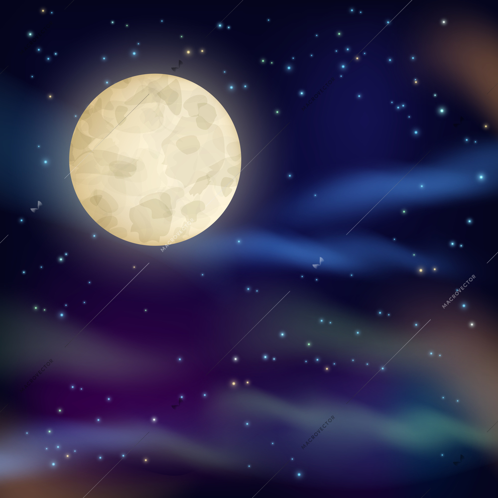 Night sky with full moon and sparkling stars on dark background vector illustration