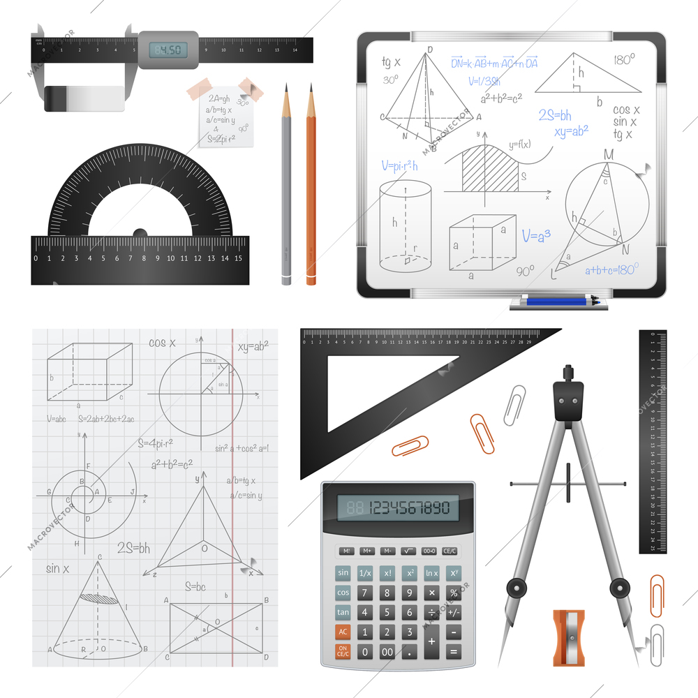 Science images set of mathematical and trigonometric stationery special instruments and solving records isolated vector illustration