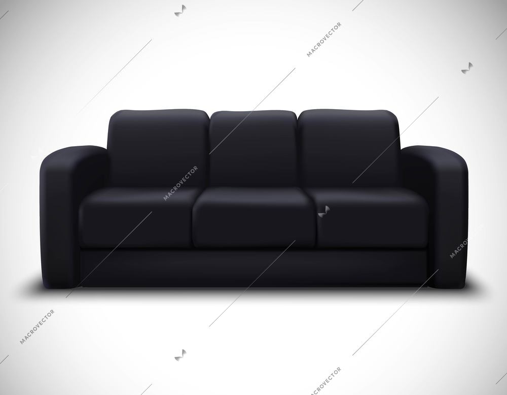 Modern interior design realistic mockup poster with black leather sofa for living room furniture arrangement vector illustration