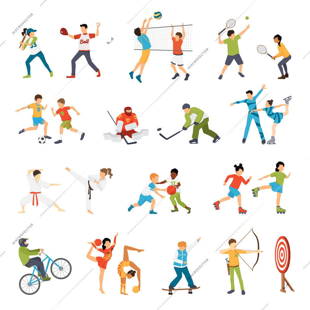 Flat icons set of kids doing different types of sports from football to archery isolated vector illustration