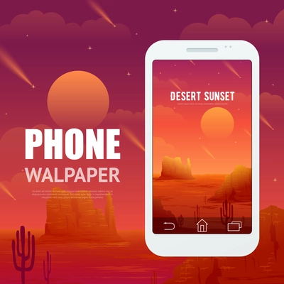 Advertising poster of desert landscape and smartphone with same scene on wallpaper flat vector illustration