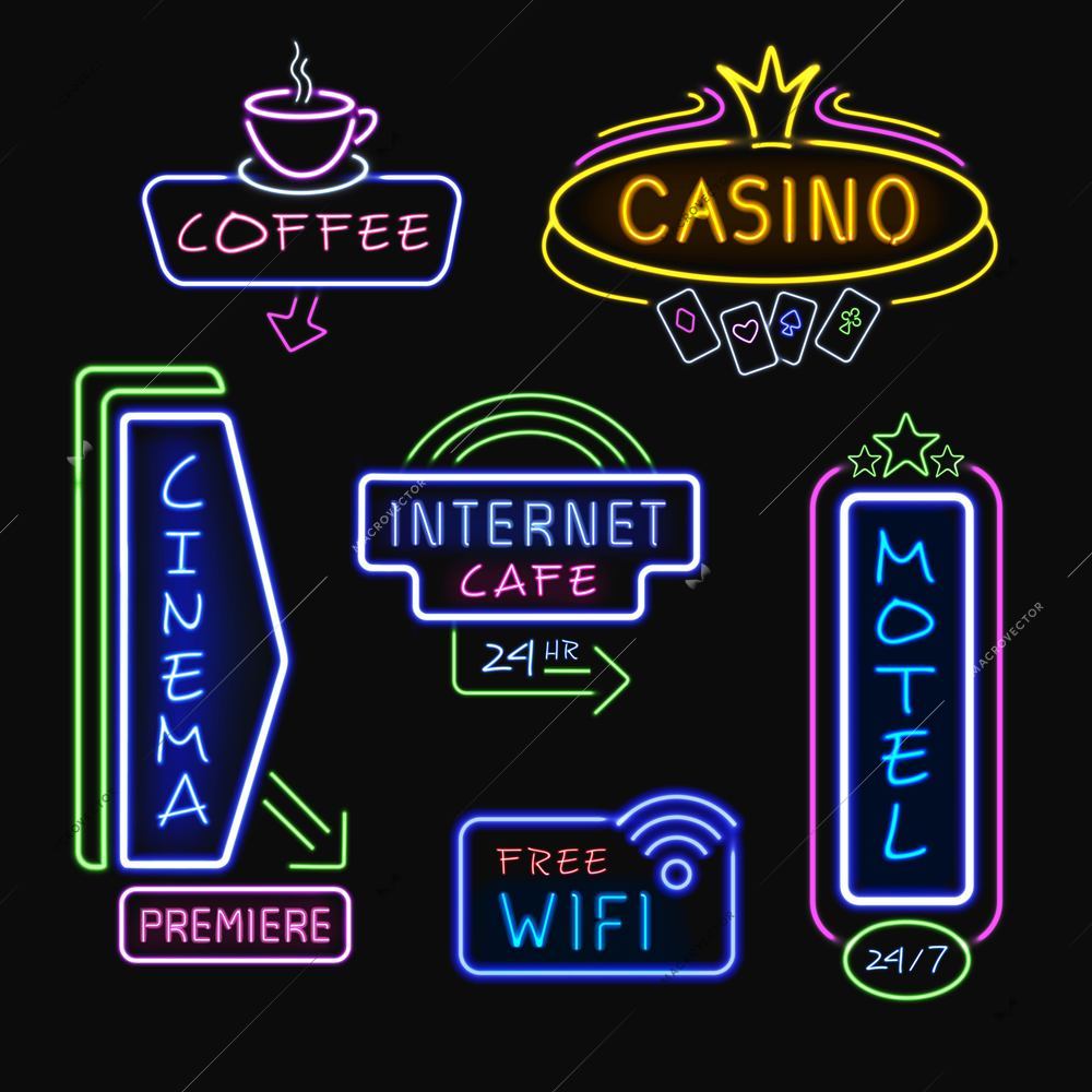 Neon hotel internet cafe cinema and casino signboards at night realistic icons collection isolated vector illustration