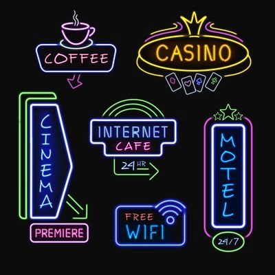Neon hotel internet cafe cinema and casino signboards at night realistic icons collection isolated vector illustration