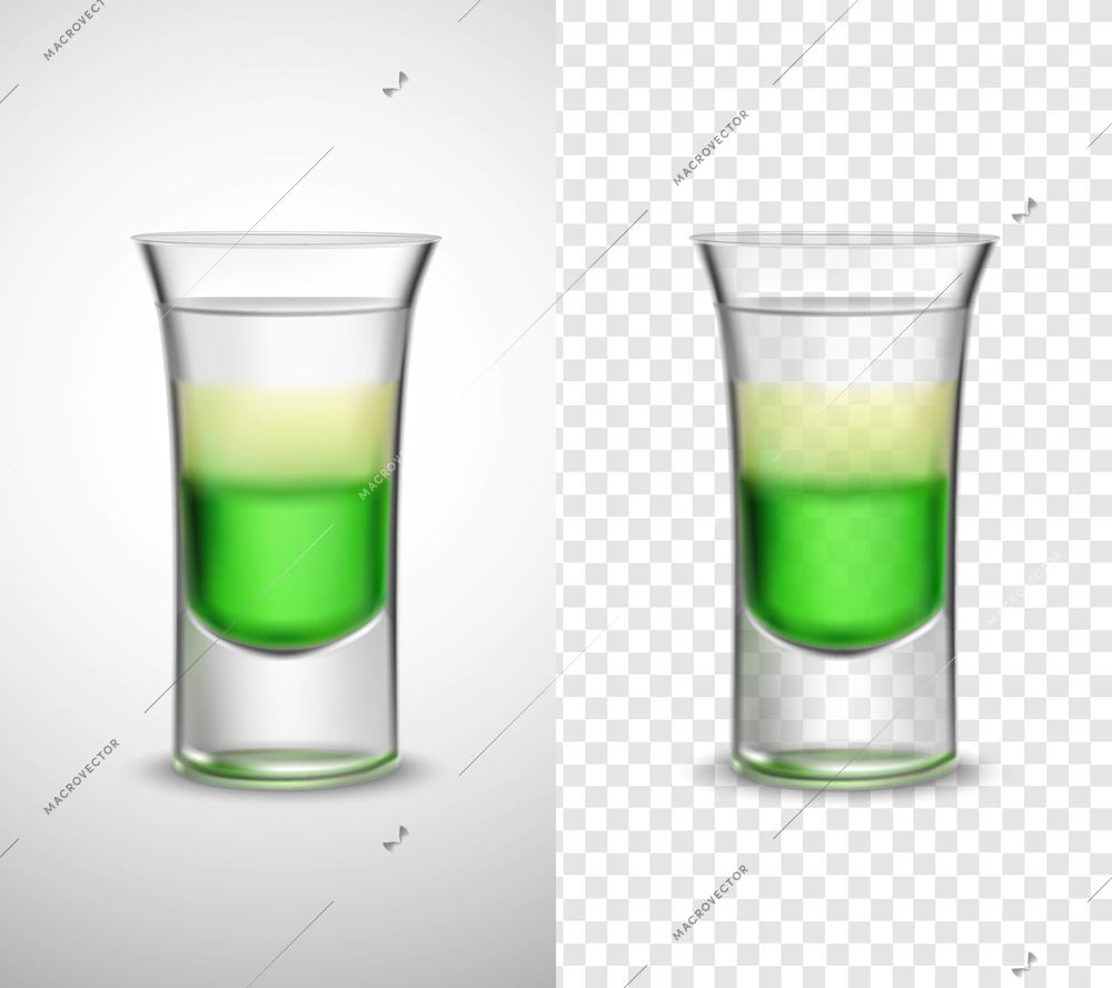 Unique colored glassware 2 realistic transparent banners set with light rum syrup alcohol drink isolated vector illustration