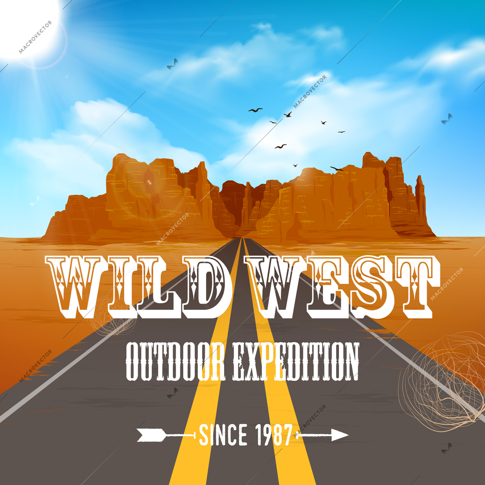 Wild west poster of road going through desert to canyon rock with blue sky vector illustration