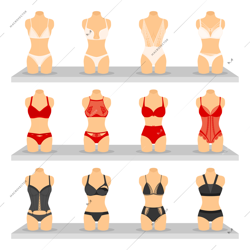 Images set of different colors and shapes fashion lingerie on special dummies flat isolated vector illustration