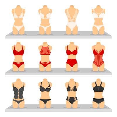 Images set of different colors and shapes fashion lingerie on special dummies flat isolated vector illustration