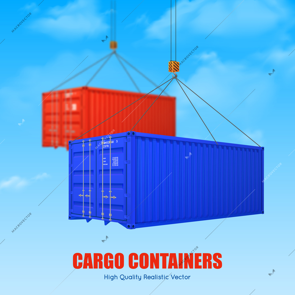 Advertising poster of blue and red cargo containers picked up by crane hooks realistic vector illustration