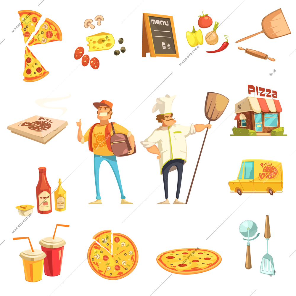 Pizza making decorative icons set with chef courier restaurant menu and pizza ingredients flat vector illustration