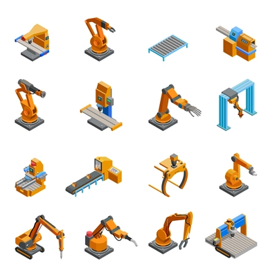 Remotely controlled programmable robotic mechanical arms samples in automation industry isometric icons collection abstract isolated vector illustration