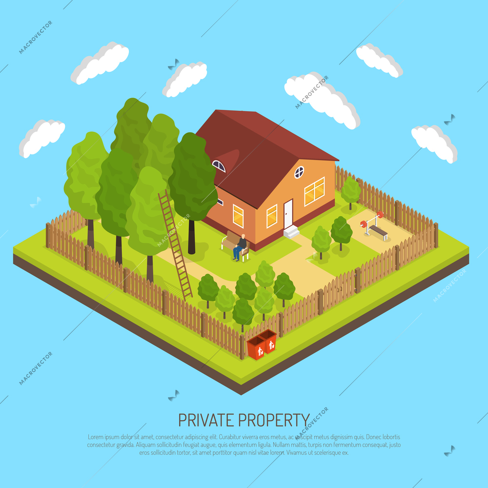 Private suburb property with fence boundary isometric image with piece of land and country house abstract vector illustration