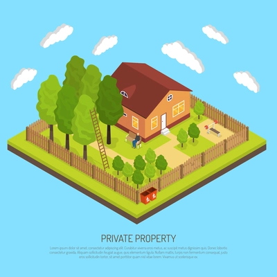 Private suburb property with fence boundary isometric image with piece of land and country house abstract vector illustration