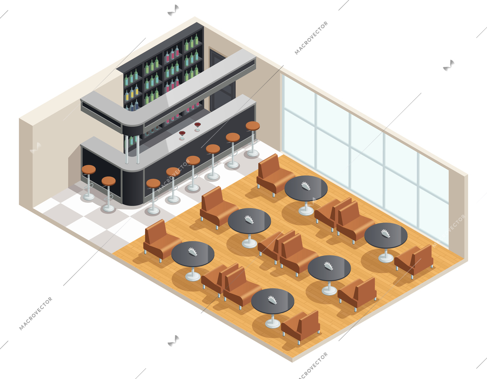 Color isometric design of cafe interior with bar table vector illustration
