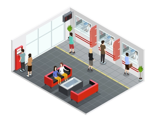 Male and female people in bank office with counters and atm isometric vector illustration
