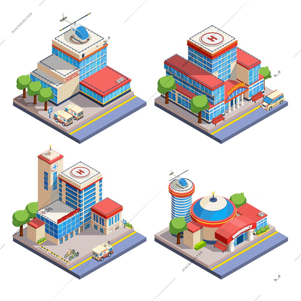 Modern hospital buildings with helicopter pads and emergency transport isometric icons set on white background isolated vector illustration