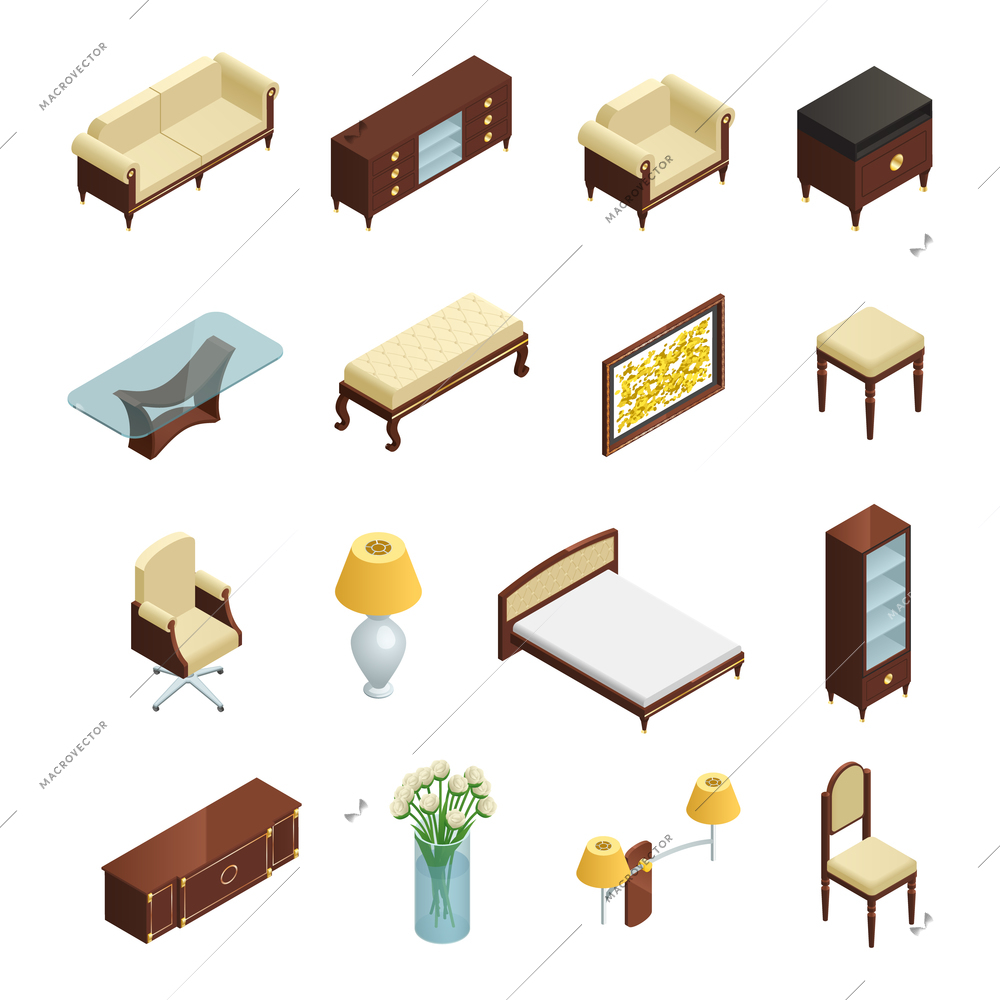 Luxury interior isometric elements set for bedroom living room and study with furniture and decorations isolated on white background vector illustration