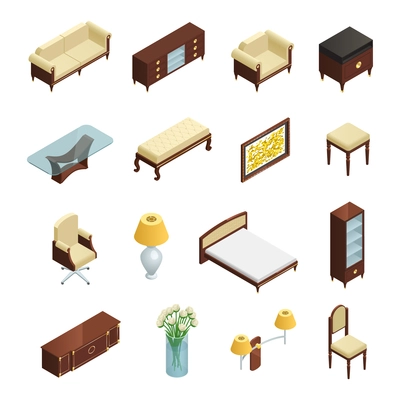 Luxury interior isometric elements set for bedroom living room and study with furniture and decorations isolated on white background vector illustration