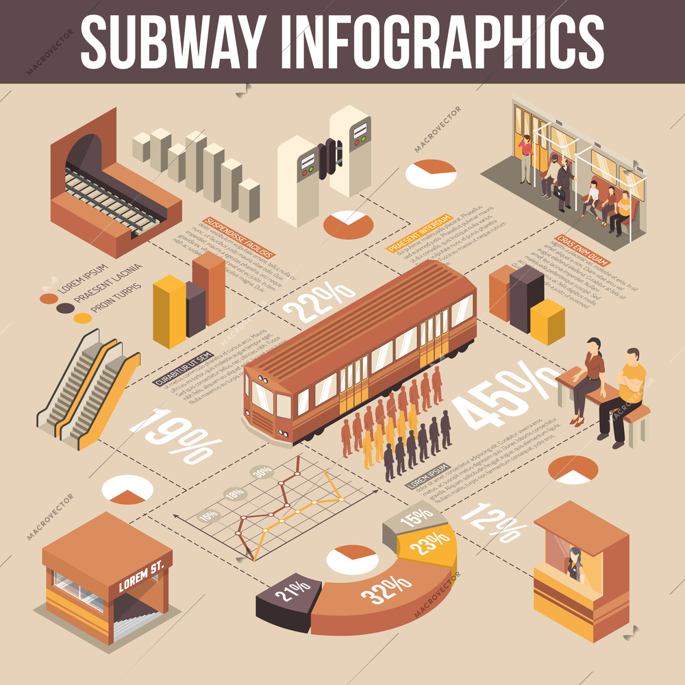 Subway isometric infographics elements with tunnel turnstiles escalator railcar passengers and cashier selling tickets vector illustration