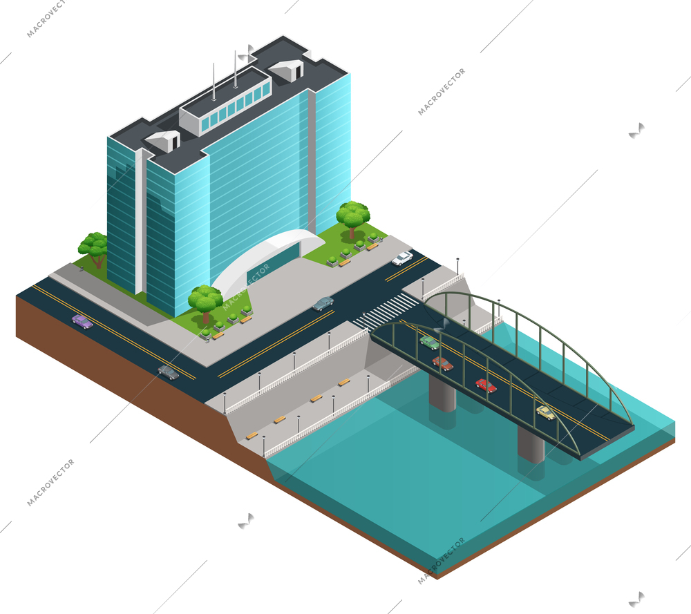 Isometric city composition with many-storeyed modern building on bank of canal on white background vector illustration