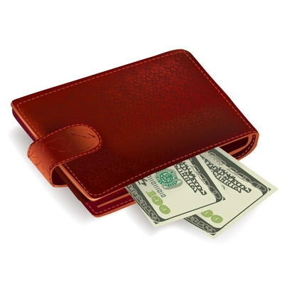 Classic brown leather pocket wallet filled with dollar bills vector illustration