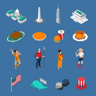 USA touristic icons set with people and culture symbols isometric isolated vector illustration