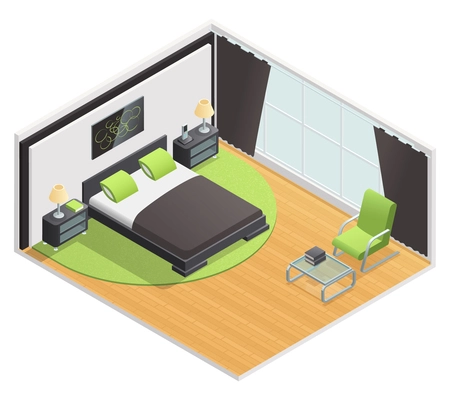 Bedroom interior isometric view with queen size double bed nightstand and lime green carpet abstract vector illustration