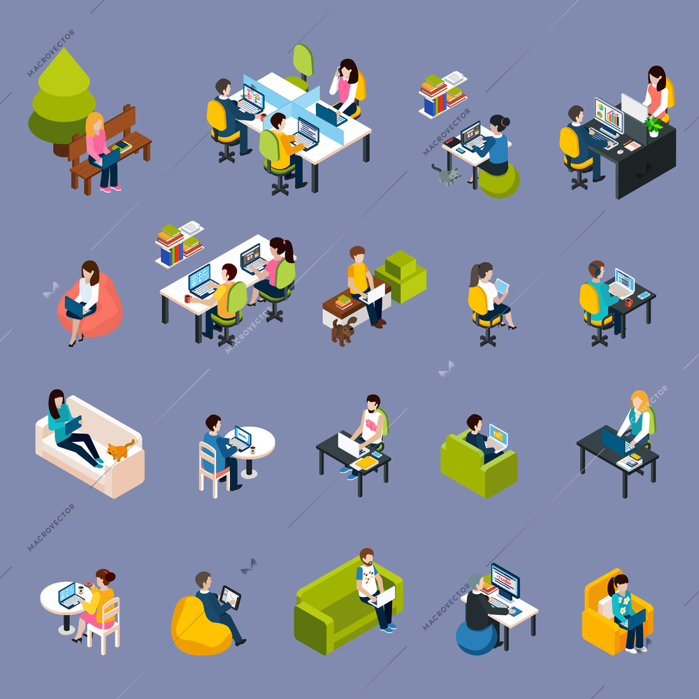 Coworking freelance people isometric icons set with work symbols isolated vector illustration