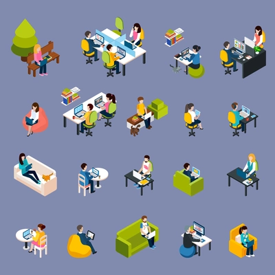 Coworking freelance people isometric icons set with work symbols isolated vector illustration