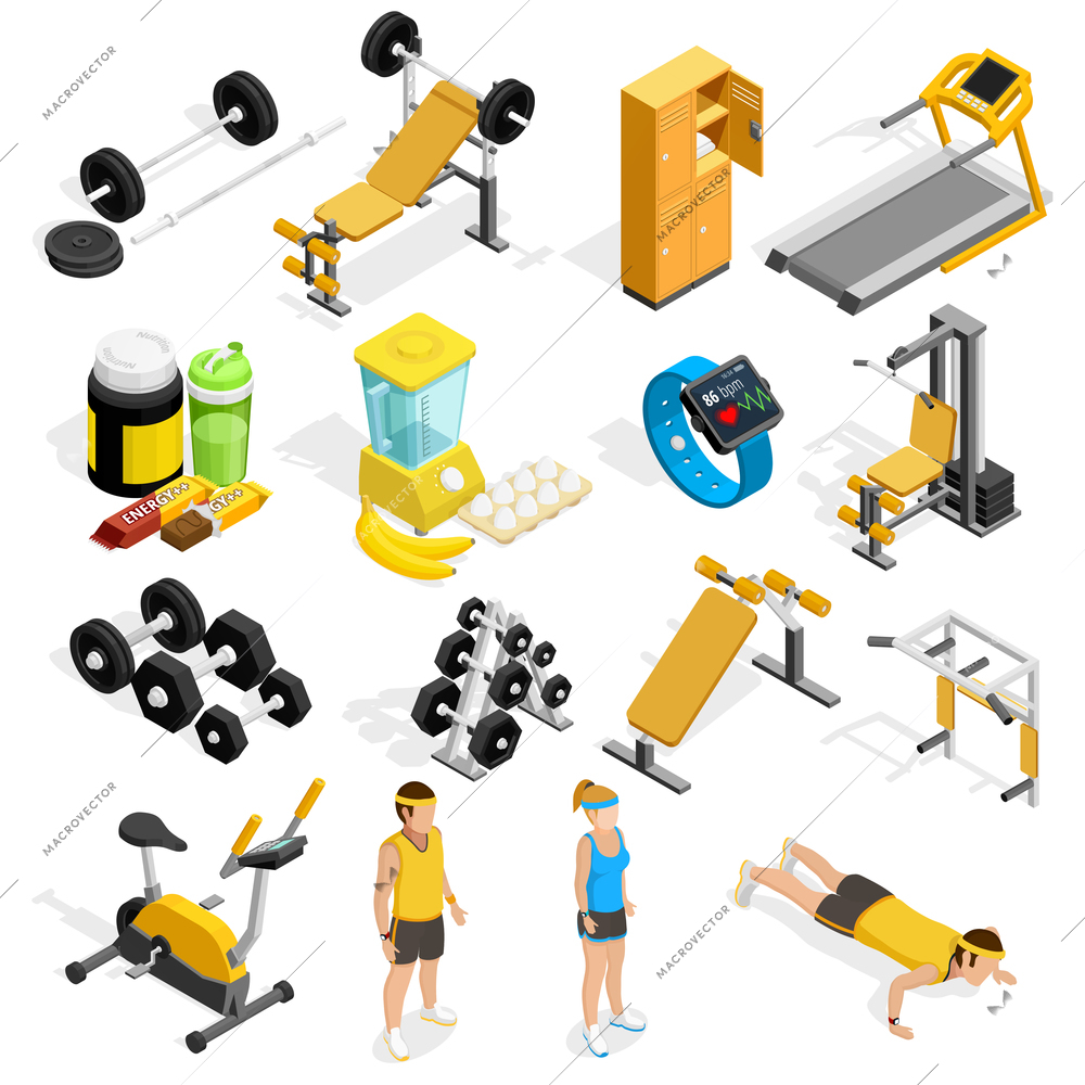 Gym and fitness isometric icons set with healthy food and equipment symbols isometric isolated vector illustration