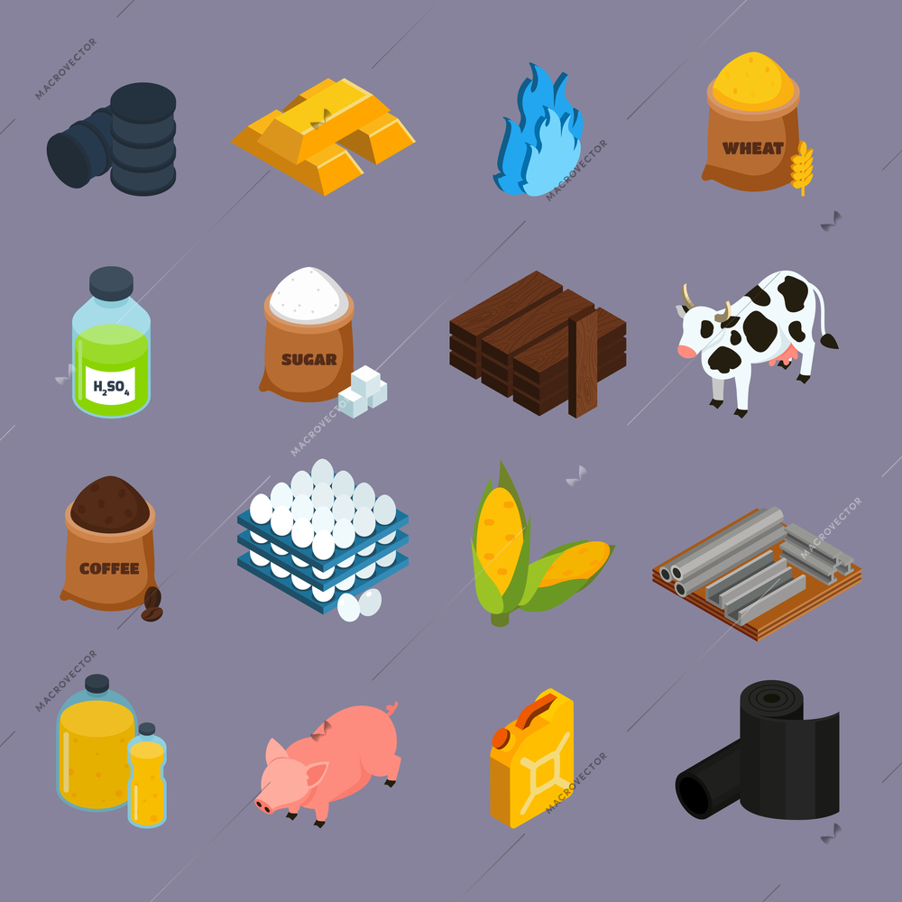 Commodity icons set with milk corn and gold symbols isometric isolated vector illustration