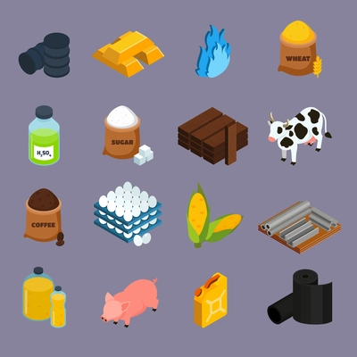 Commodity icons set with milk corn and gold symbols isometric isolated vector illustration